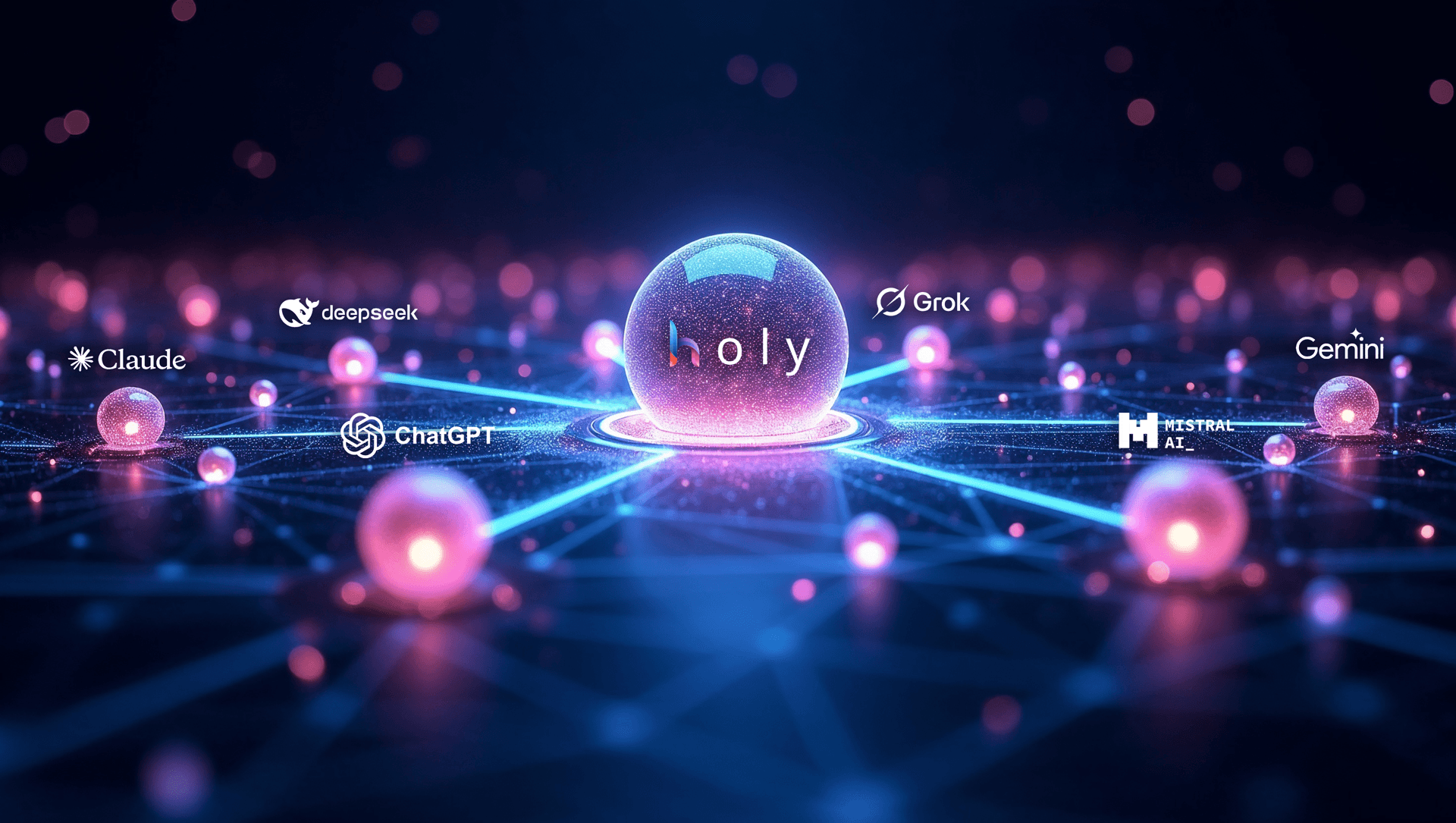 Holy's orchestration core connected to ChatGPT, Claude, Gemini, DeepSeek, Grok, and Mistral